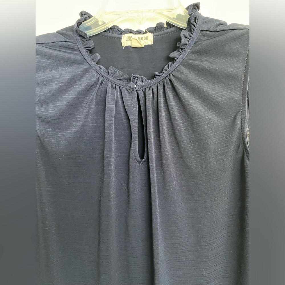 Blue Mood Navy Blue Sleeveless Silky Top with Ruffle Collar size Medium - Picture 3 of 5